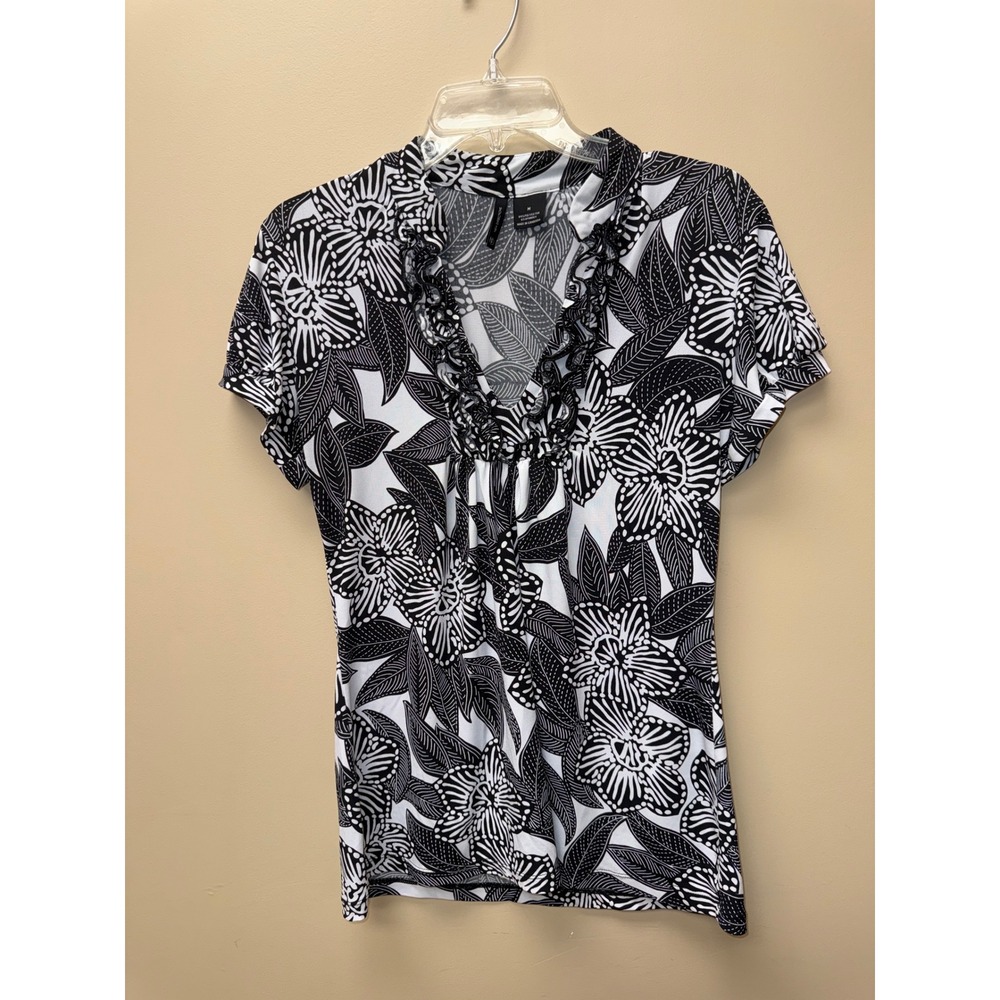 New Directions Womens Black White Floral Ruffle V-Neck Short Sleeve Blouse M